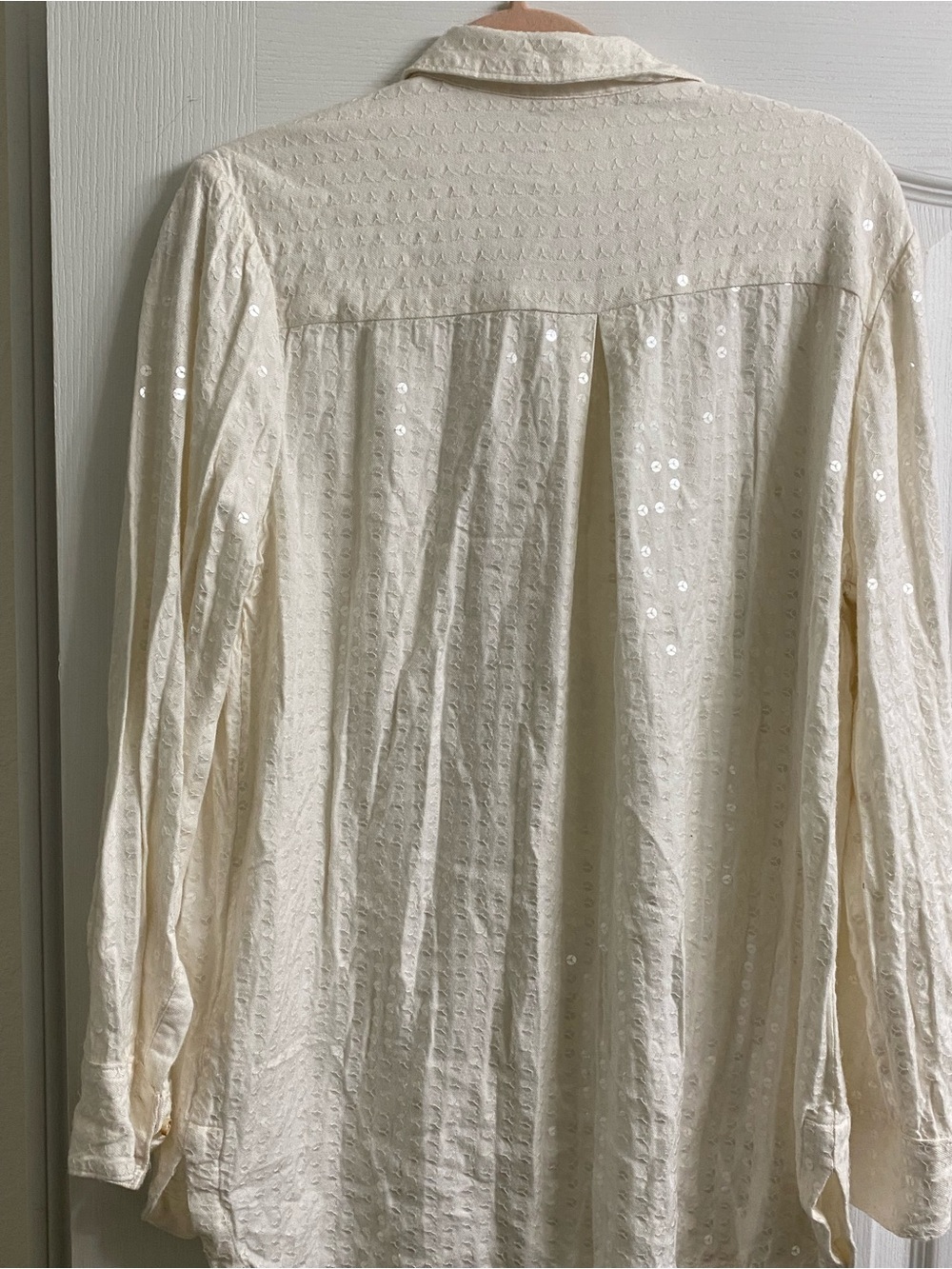 Anthropologie Maeve Sequn Textured Button Down Long Sleeve Lagenlook Cream Top L - Picture 9 of 15